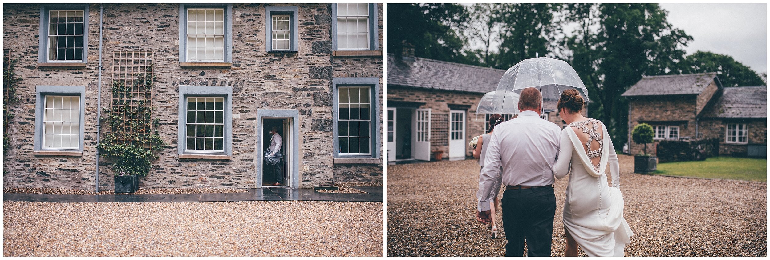 The bride and her dad walk across to the wedding ceremony at Silverholme Manor in the rain.