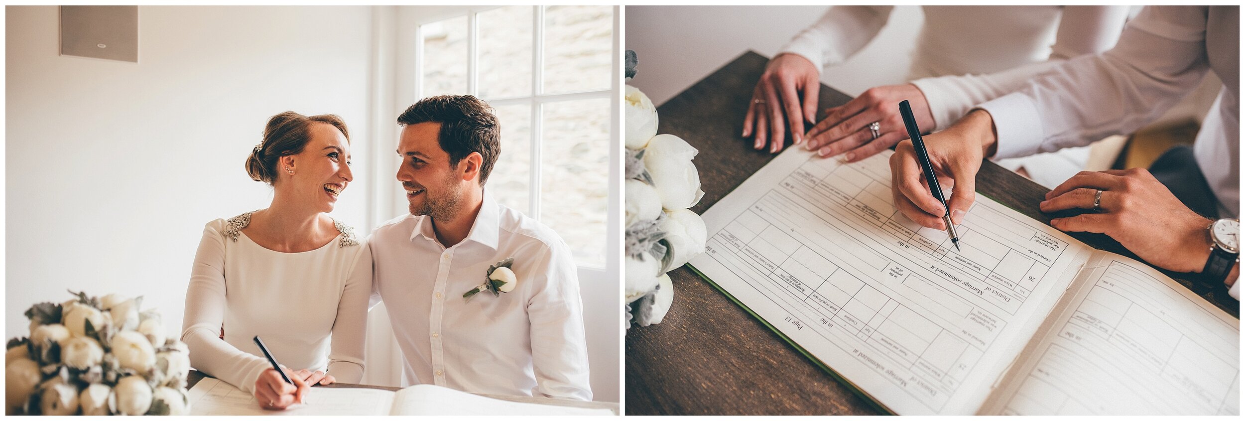 Bride and groom sign their wedding register at Silverholme Manor at the Graythwaite Estate in the Lake district.