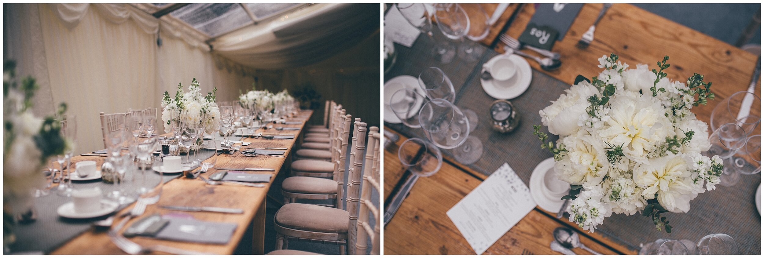 Wedding details in the marquee at Silverholme Manor at Graythwaite Estate in the Lake District.
