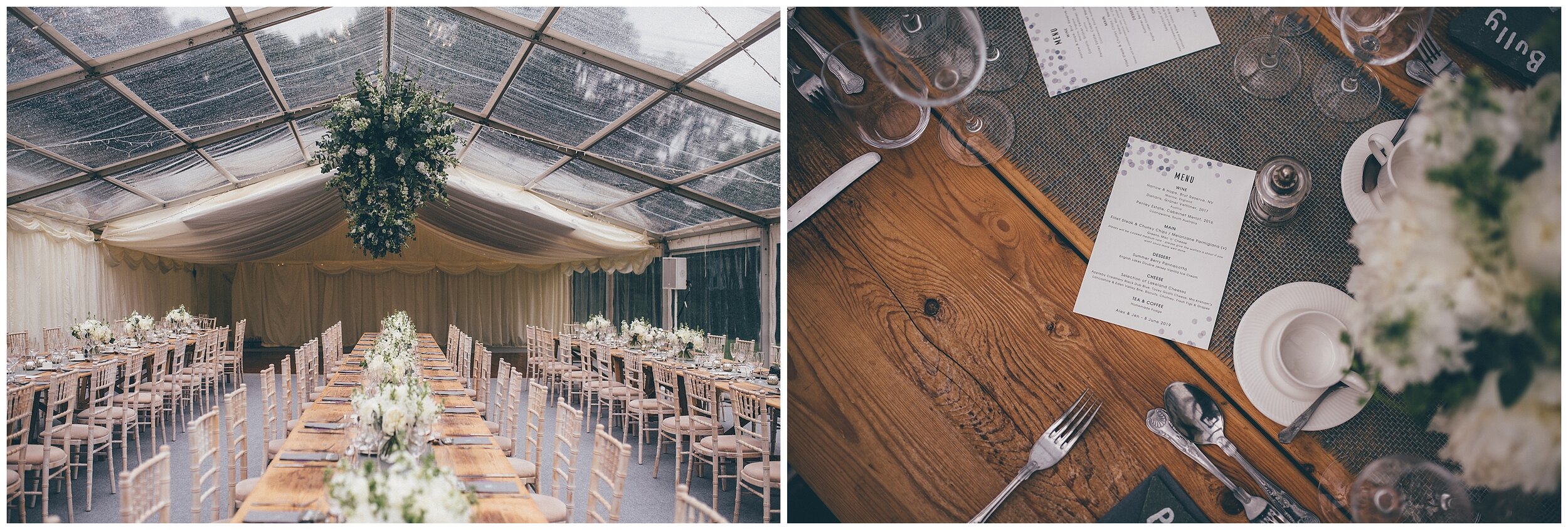 Wedding details in the marquee at Silverholme Manor at Graythwaite Estate in the Lake District.