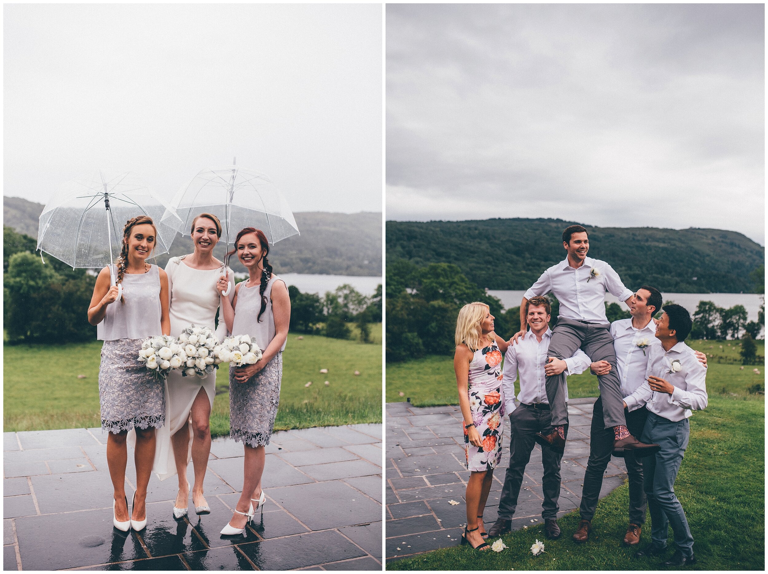 Bridal party pose for their wedding photographs in the rain at Silverholme Manor.