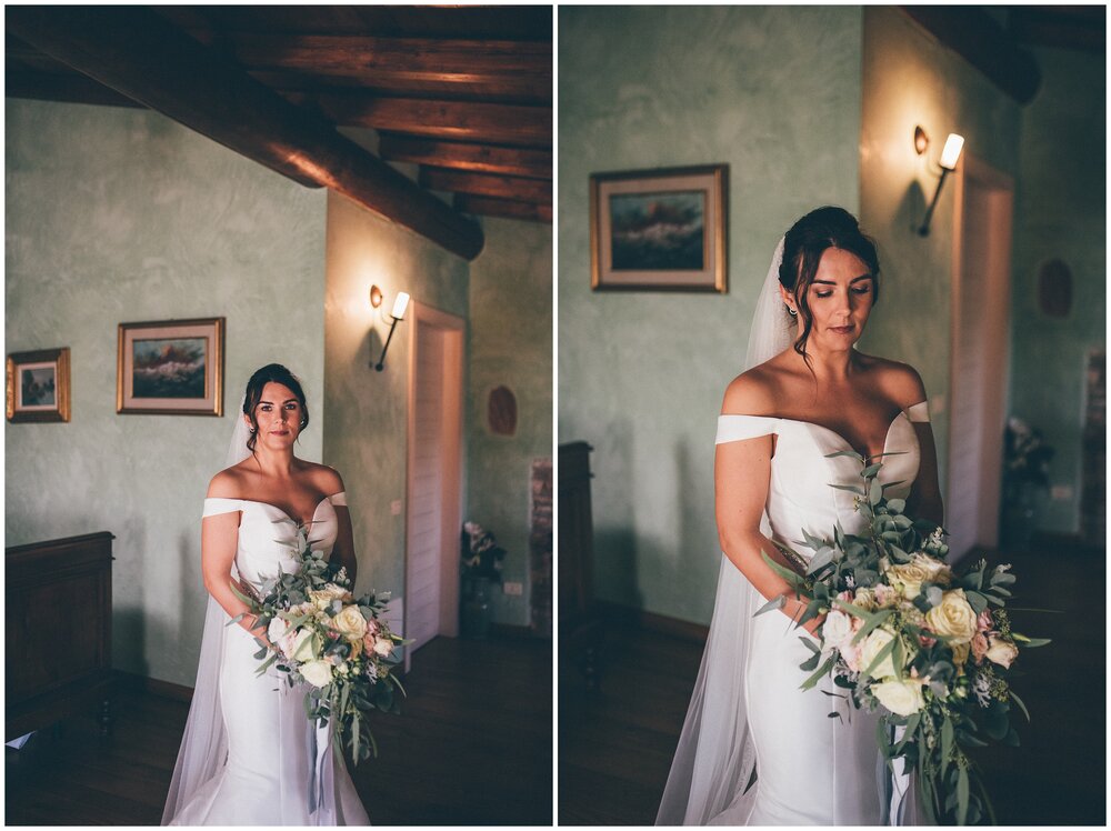 Stunning bride in Essence of Australia gown in the bridal suite at Agriturismo Villa Bissiniga before her Lake Garda wedding.