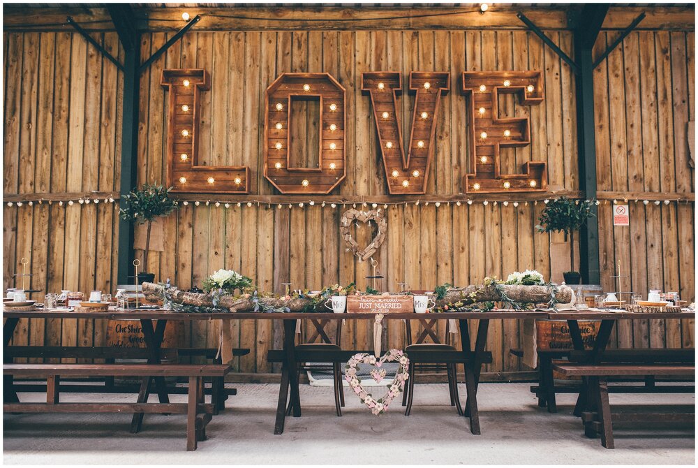 Table setting at Cheshire Woodland Weddings in wedding barn.