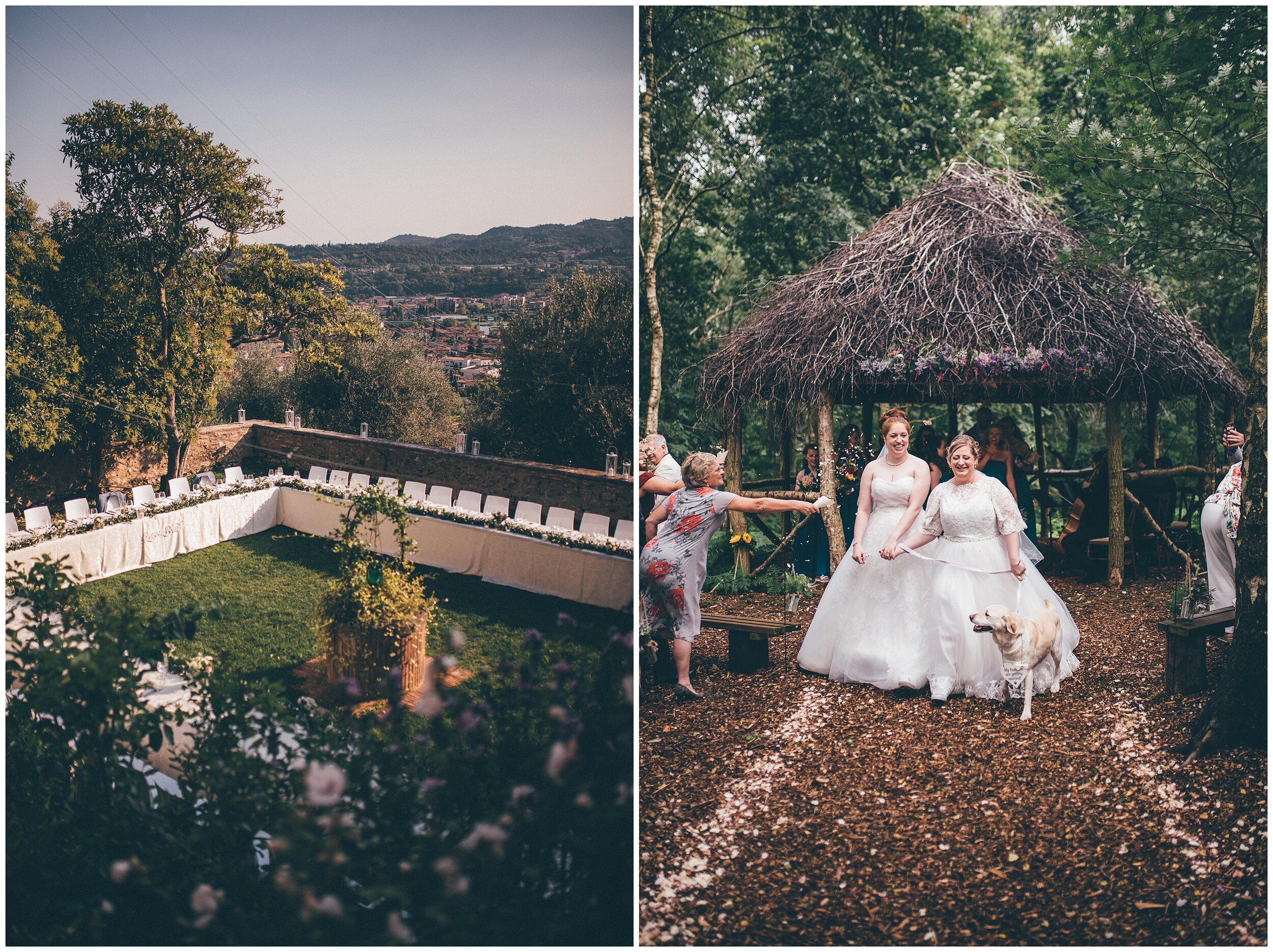 Destination wedding table set up in Lake Garda. Lesbian couple walk down the aisle at Cheshire Woodland Weddings.