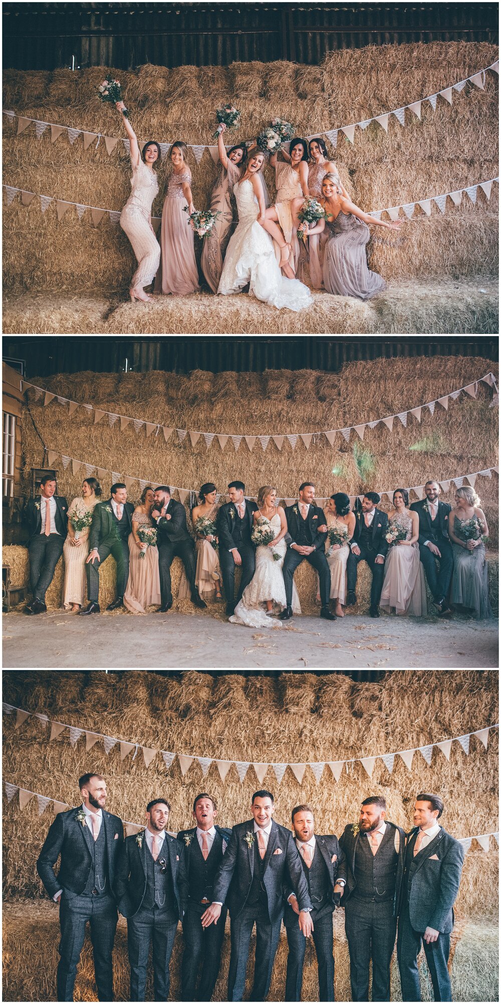 Bridesmaids and groomsmen have fun at Owen House wedding barn.
