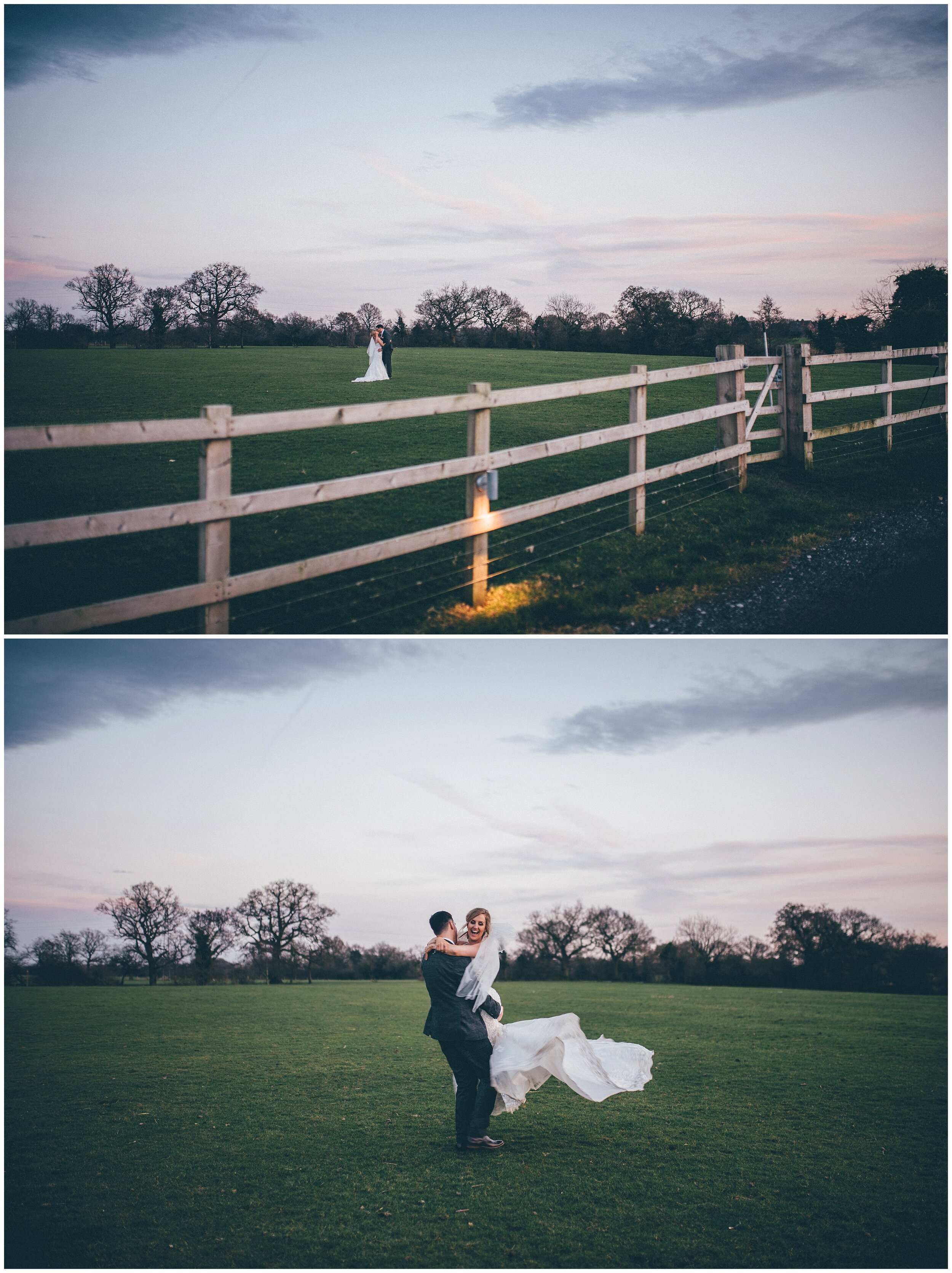 Newlyweds have their wedding photographs taken in a field at dusk.
