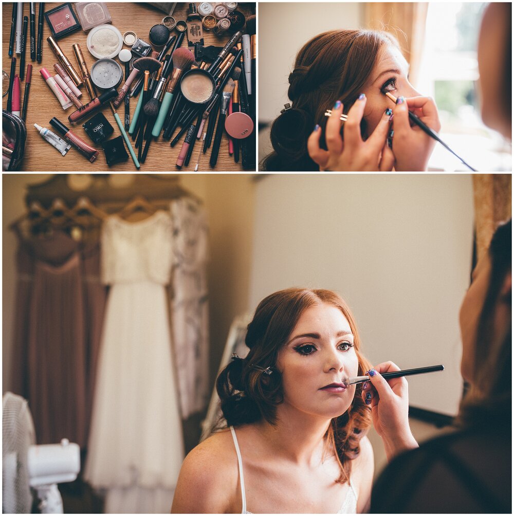 Beautiful Cheshire bride gets her wedding make-up applied on the morning of her wedding.