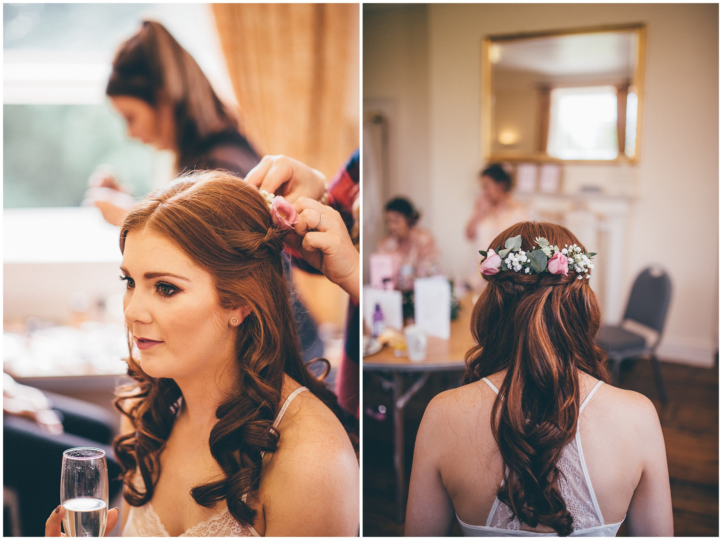 Bride gets her hair done on her wedding morning.