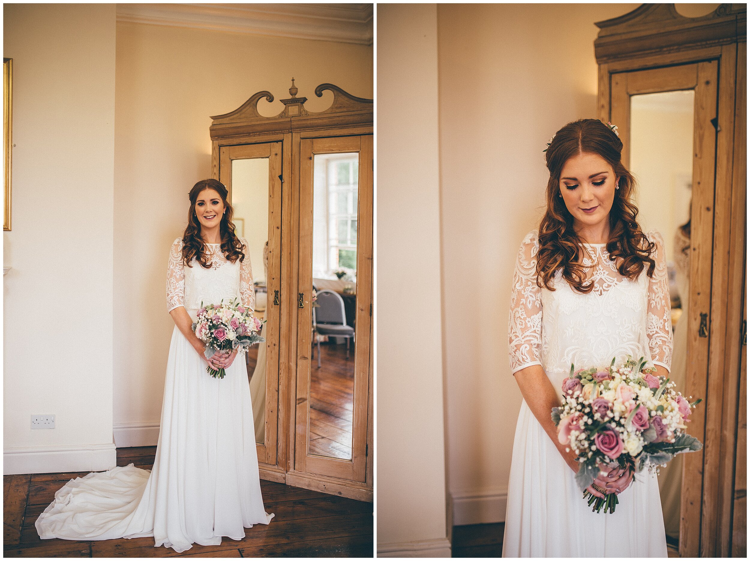 Beautiful bride in her two piece wedding gown.