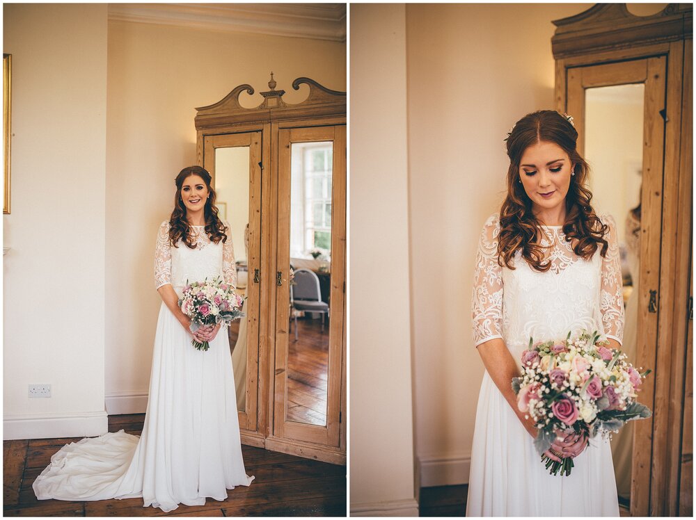 Beautiful bride in her two piece wedding gown.