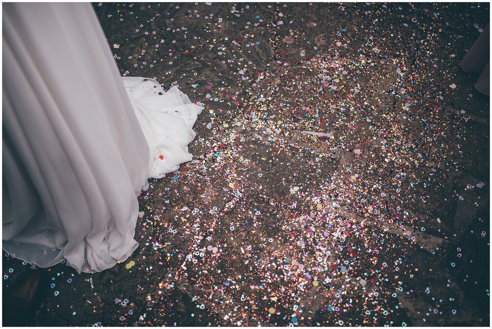 Glitter confetti covered wedding venue floor in Cheshire.