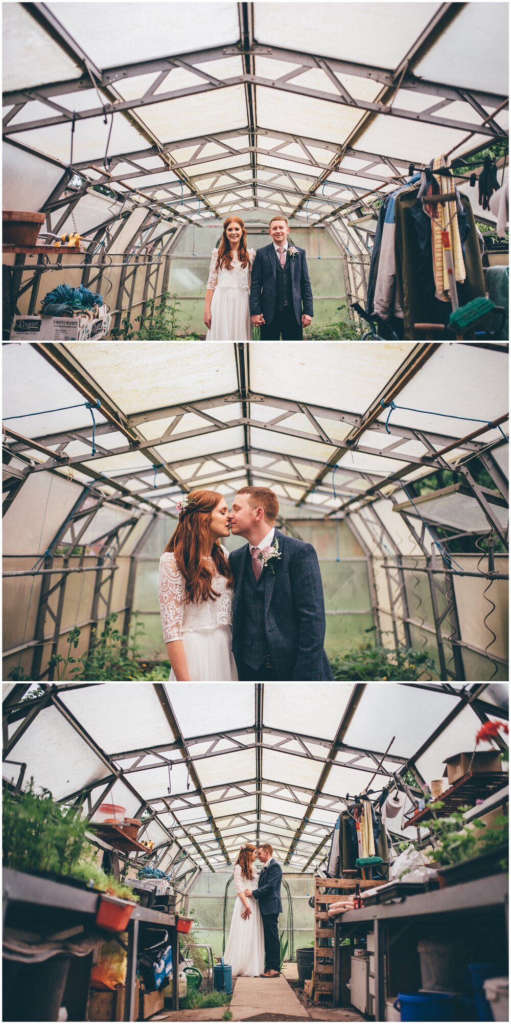 Bride and groom have their wedding photographs taken in a greenhouse at their Cheshire wedding venue.