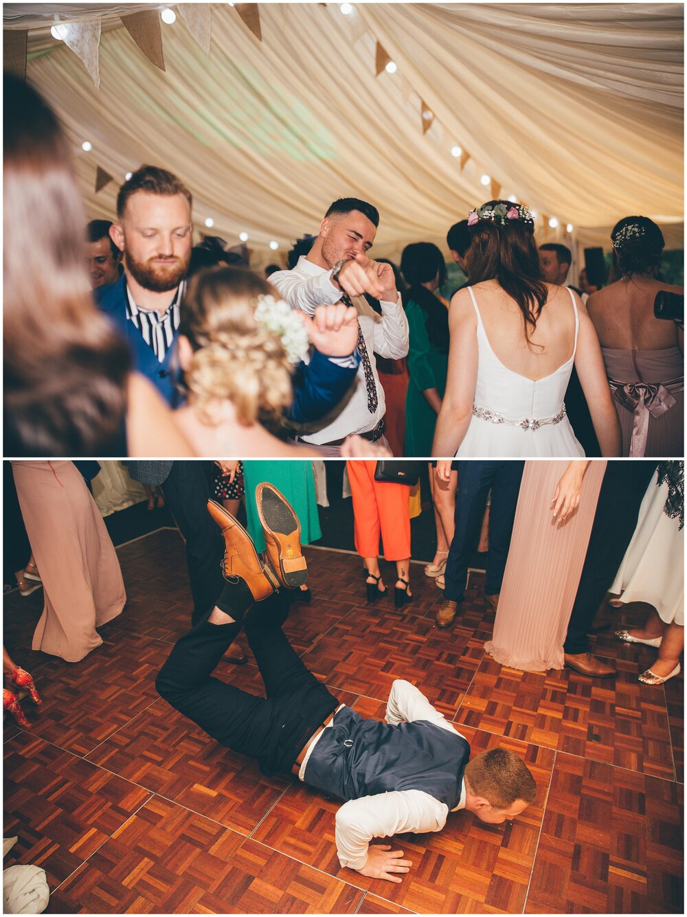 Wedding guests dance during the evening reception at festival-themed wedding in Cheshire.