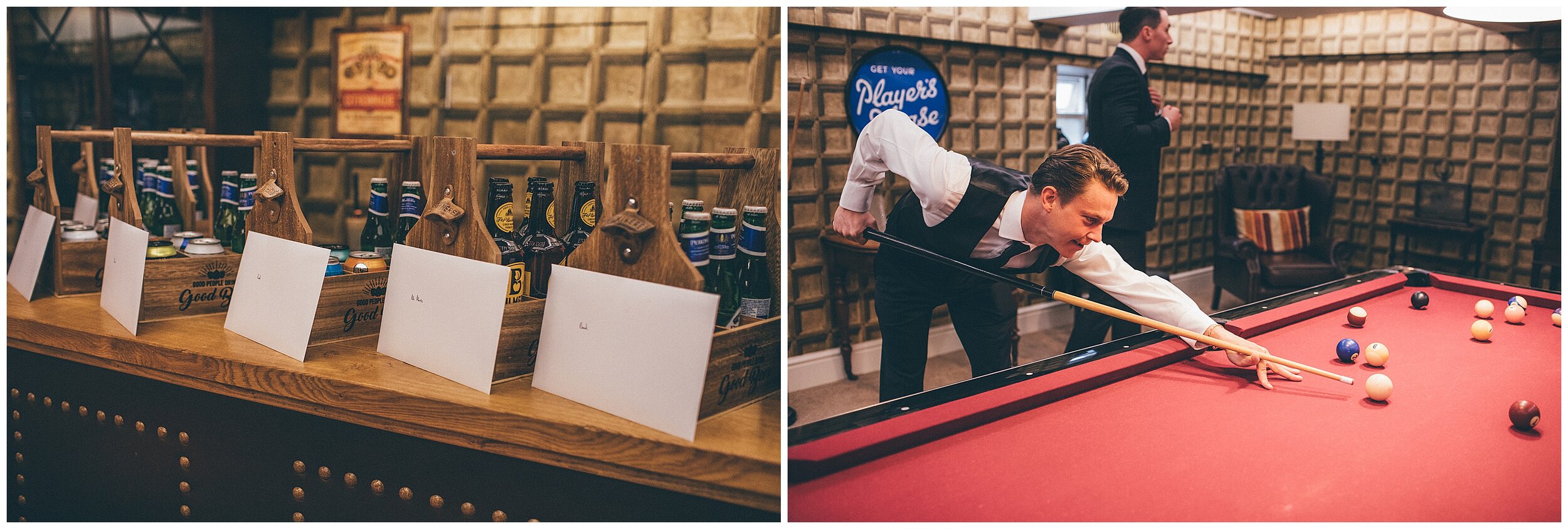 The groomsmen play pool in the grooms room at Lemore Manor.