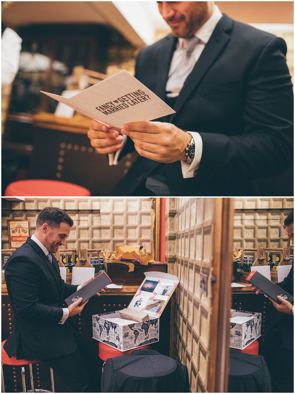 The husband-to-be reads his card and opens his gifts off his bride in the groom's room at Lemore Manor in Hereford.