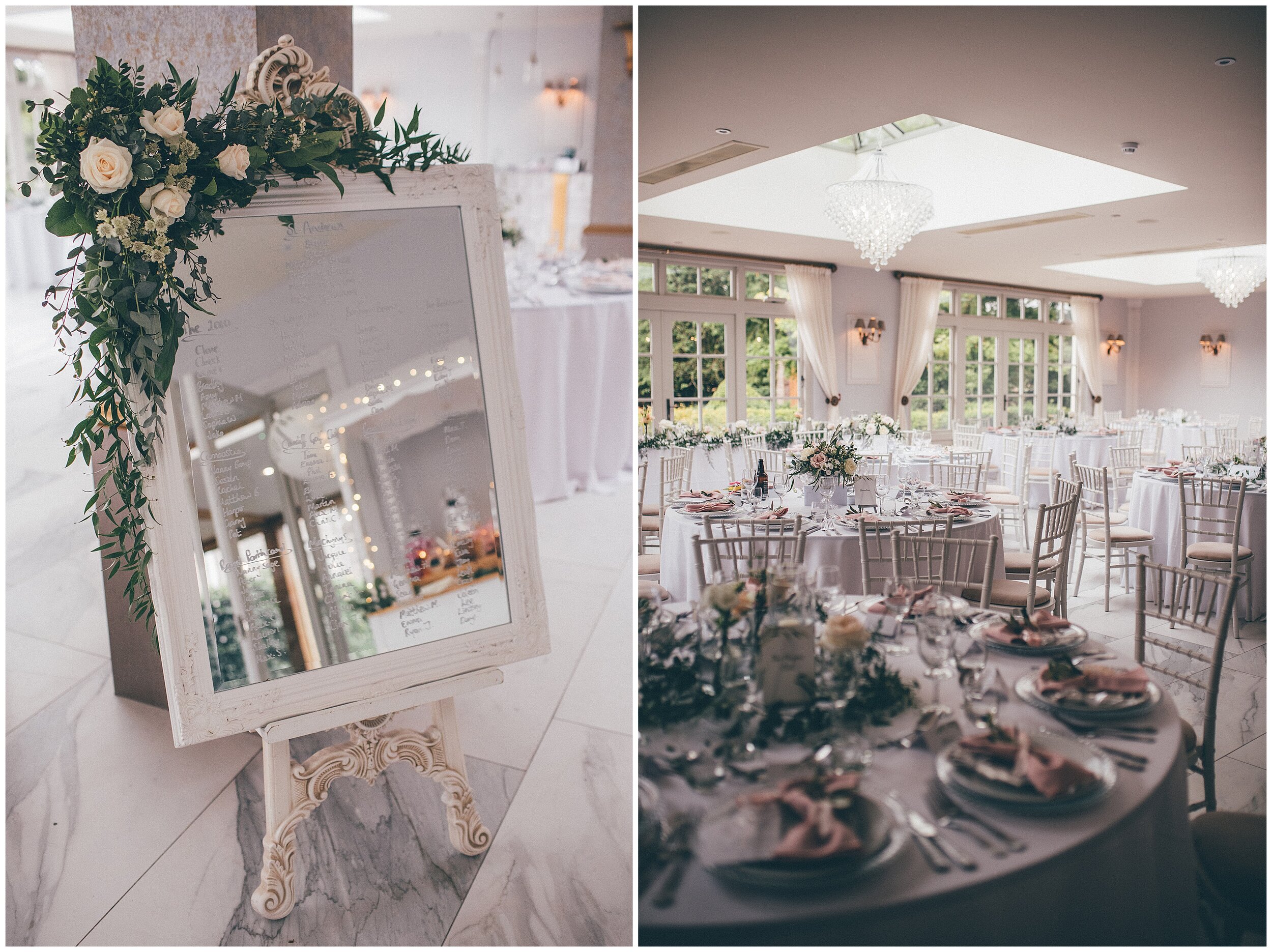 Stunning mirror table plan for beautiful orangery wedding breakfast room at Lemore Manor.