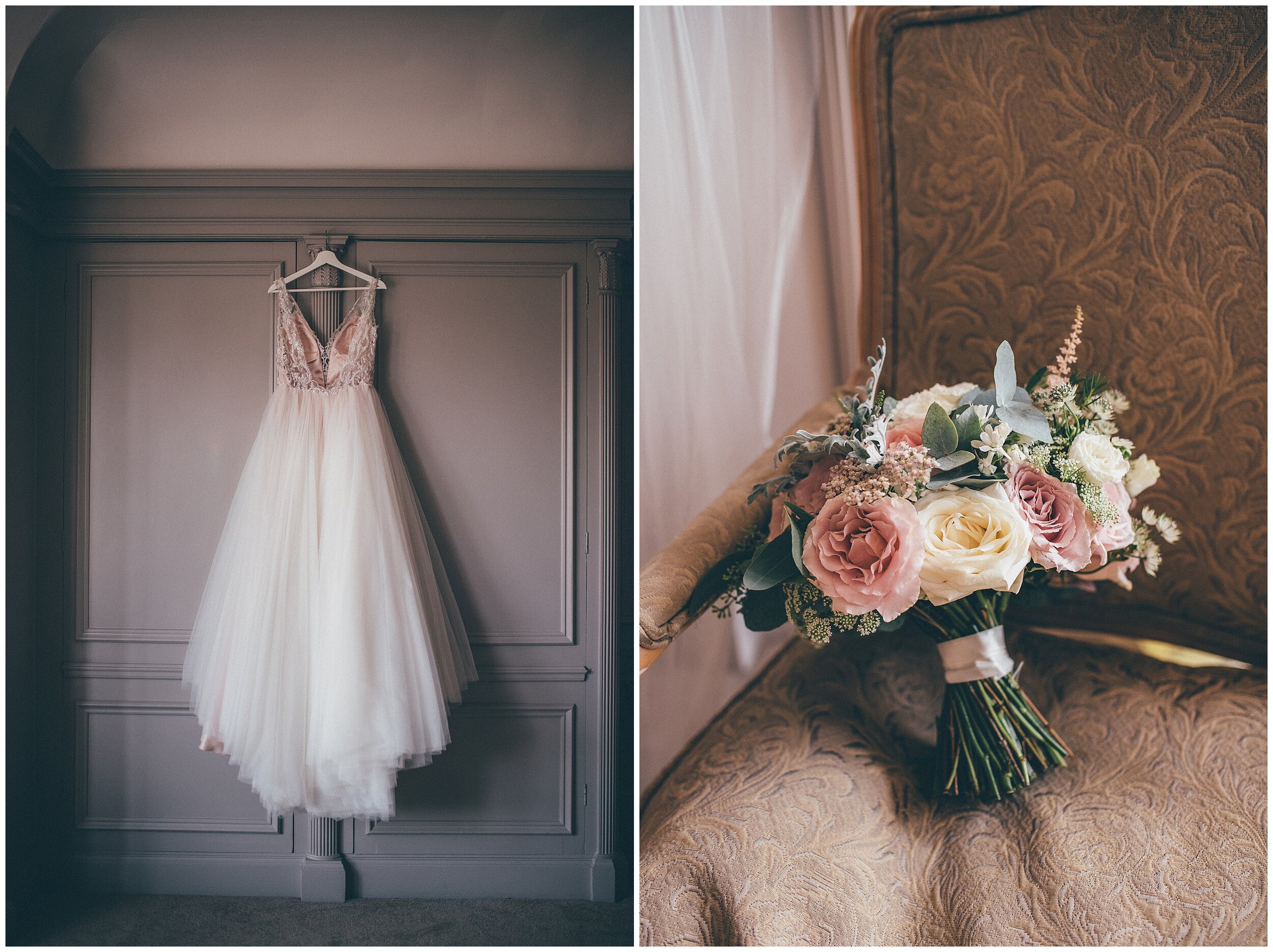 Bride's incredible gown and beautiful flowers in the bridal suite at Thornton Manor.