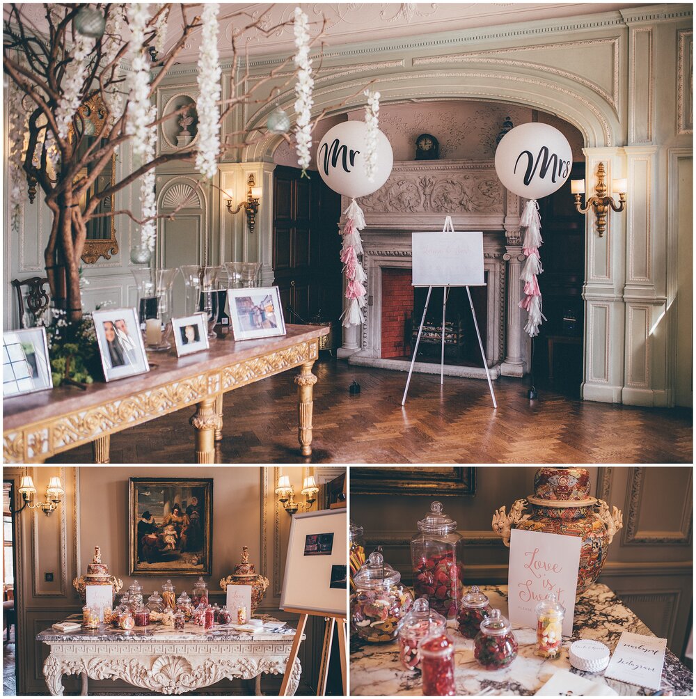 Reception room with personal touches at Thornton Manor wedding.