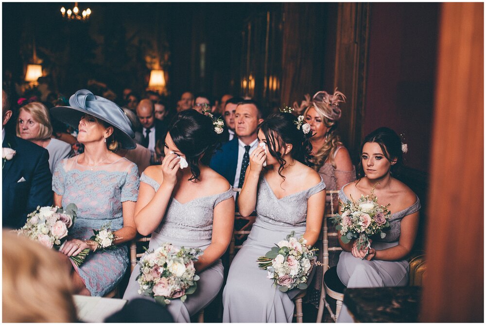Tears during the wedding ceremony at Thornton Manor in Cheshire.