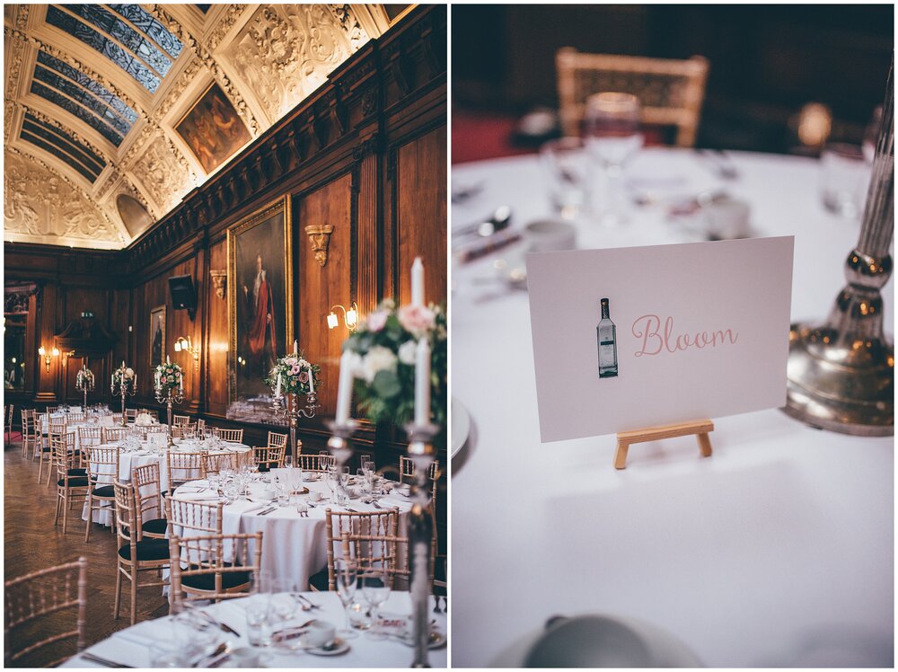 Gorgeous gin themed wedding breakfast room set up at Thornton Manor.