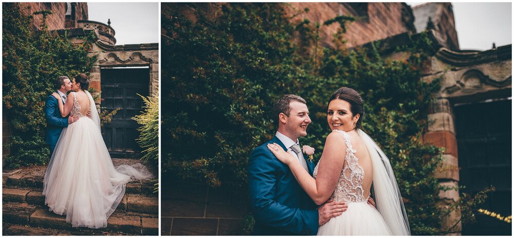 Couple portraits at Cheshire wedding venue, by wirral wedding photographer at Thornton Manor.