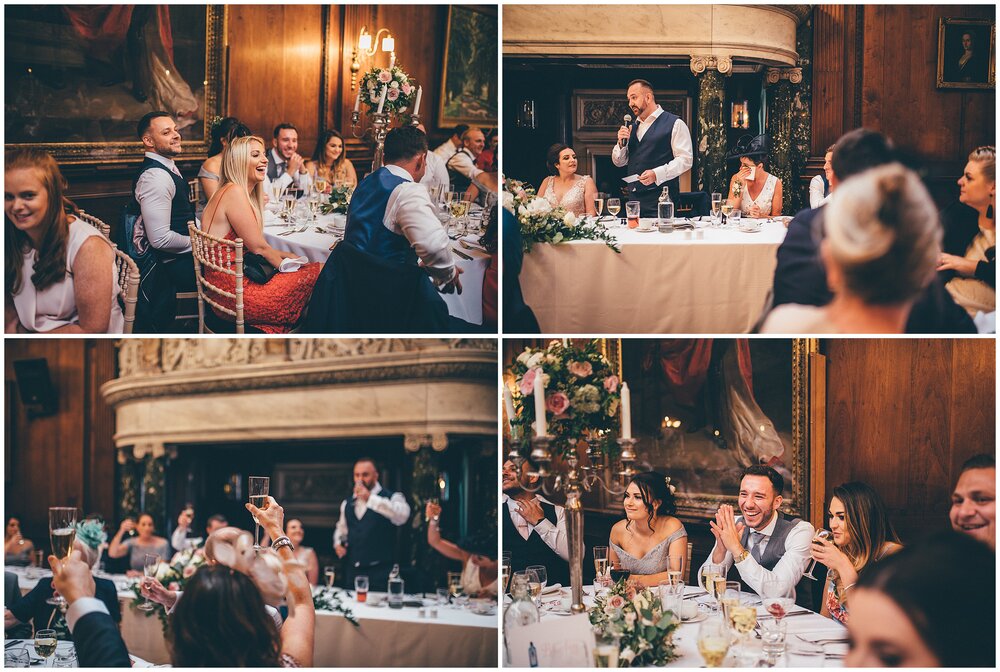 Bride and groom enjoy their wedding speeches at Thornton Manor at their summer wedding.