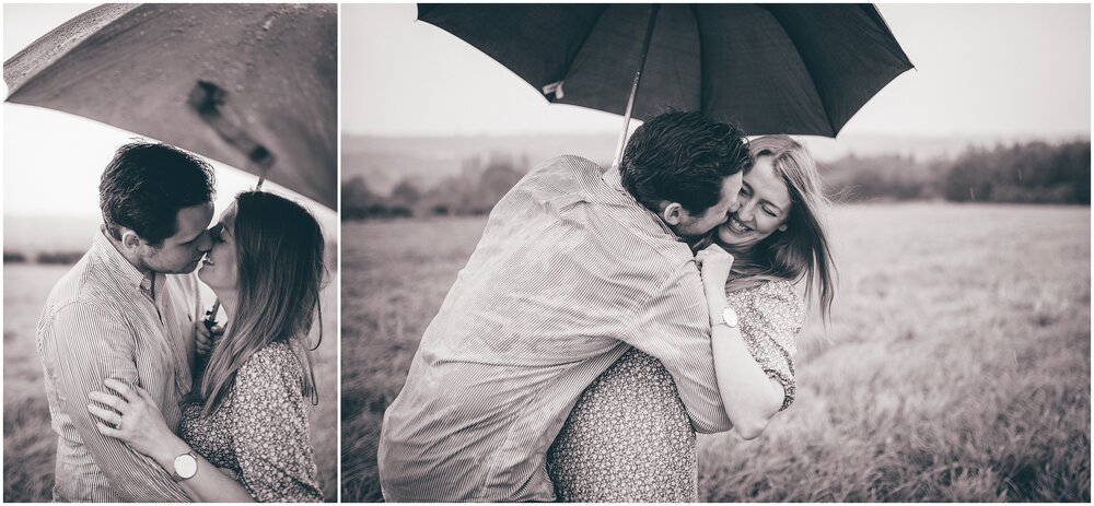 Romantic engagement shoot in the rain storm in Cheshire.