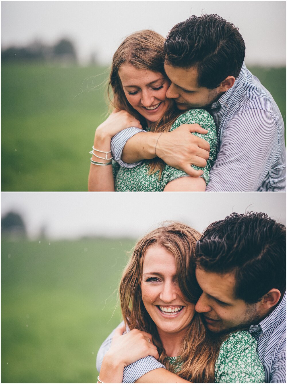 Young couple embrace in the rain during their would be wedding photoshoot.
