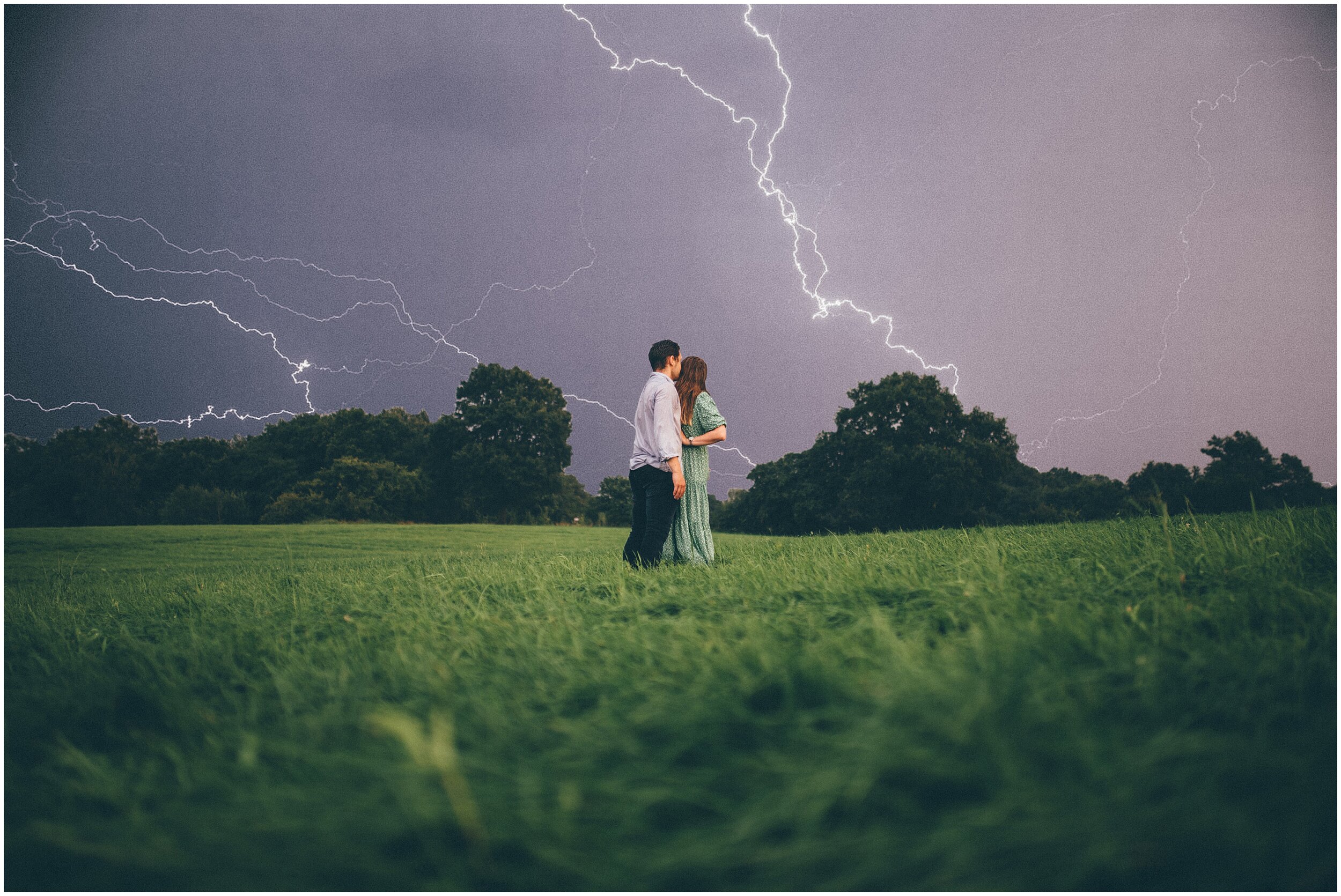 Thunder and lightening during photoshoot in Cheshire for couple would be wedding.