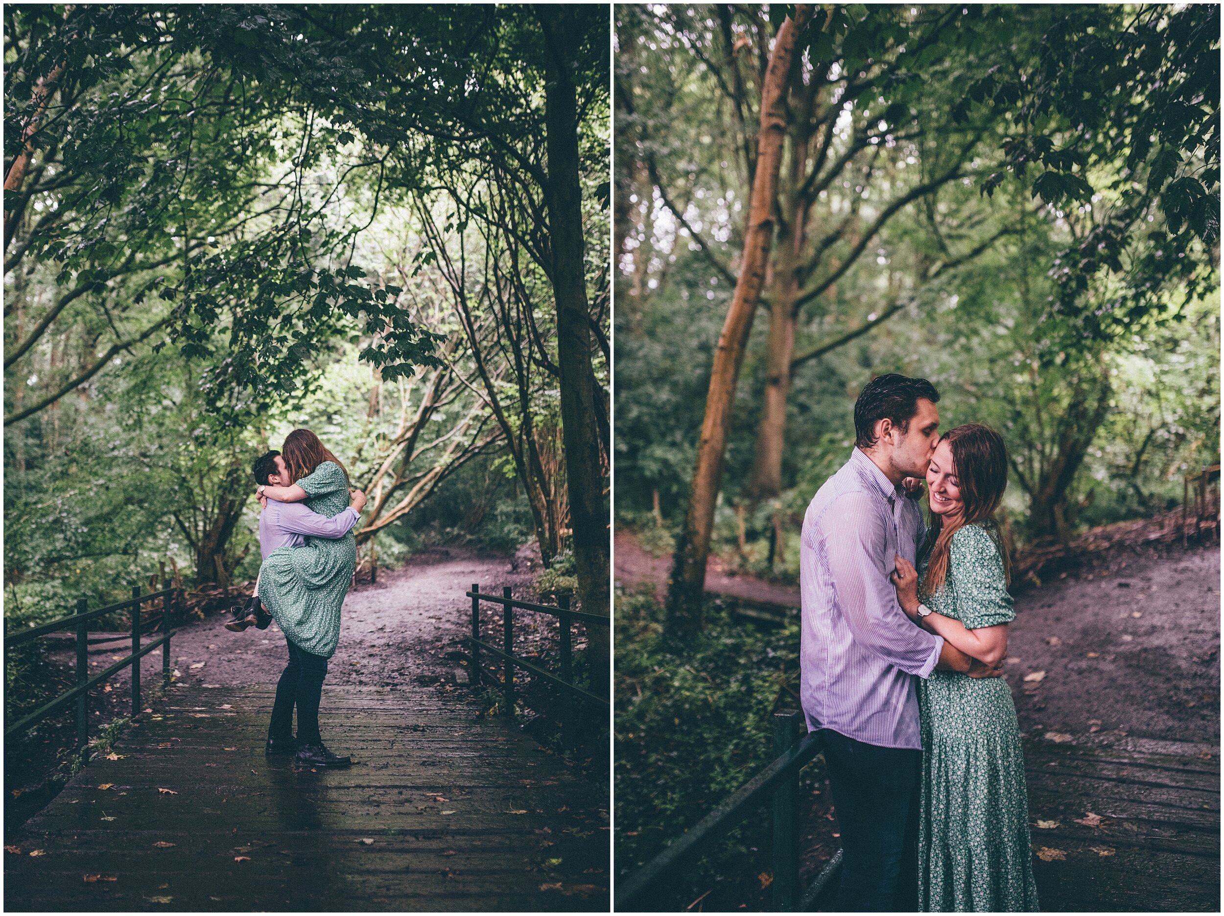 Rain storm photo shoot in Cheshire forest with cute couple.