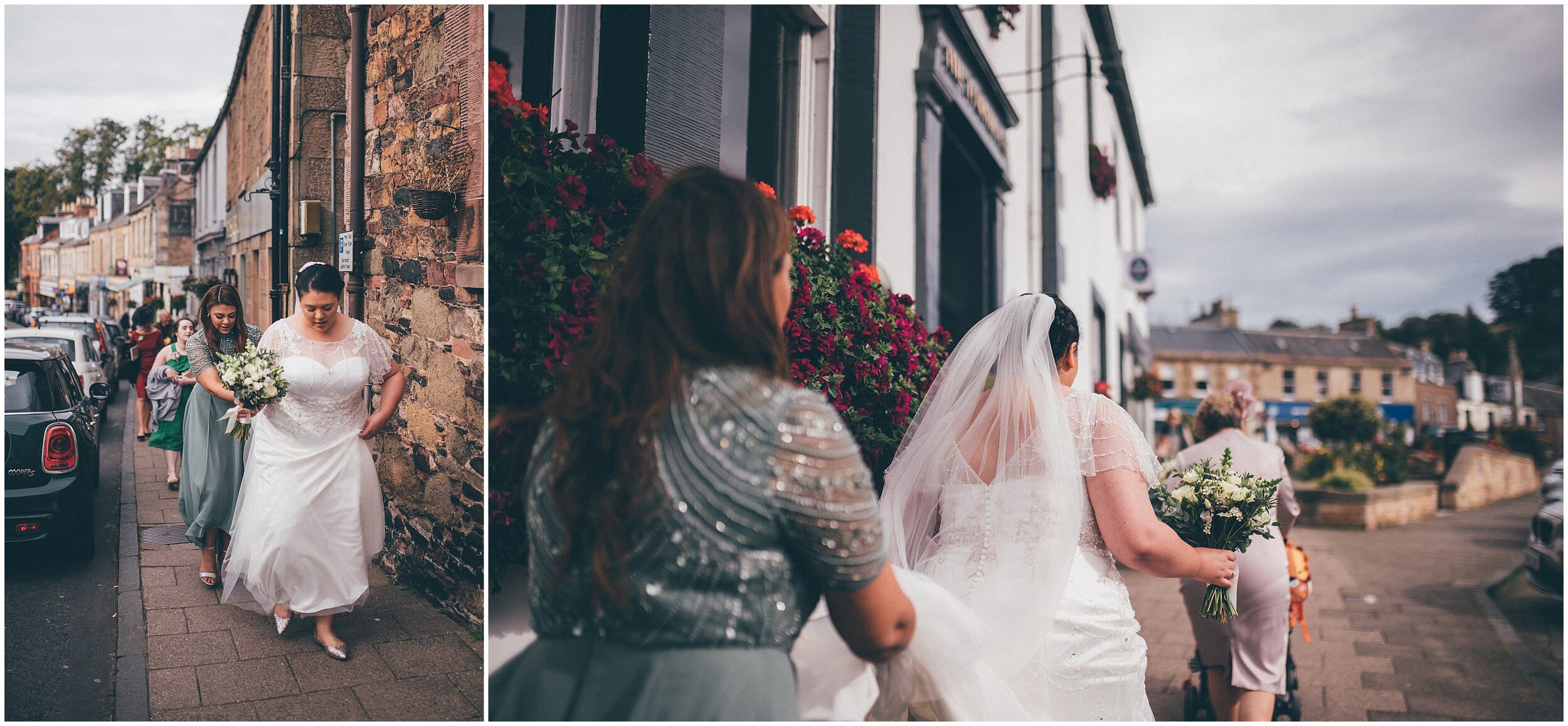 Bride walks through the town of Melrose on the way to her wedding.