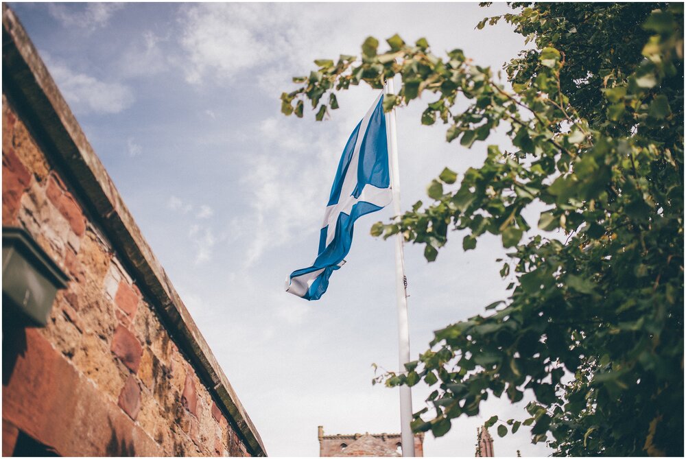 Scottish flag outside Melrose Abbey on the Scottish Borders.