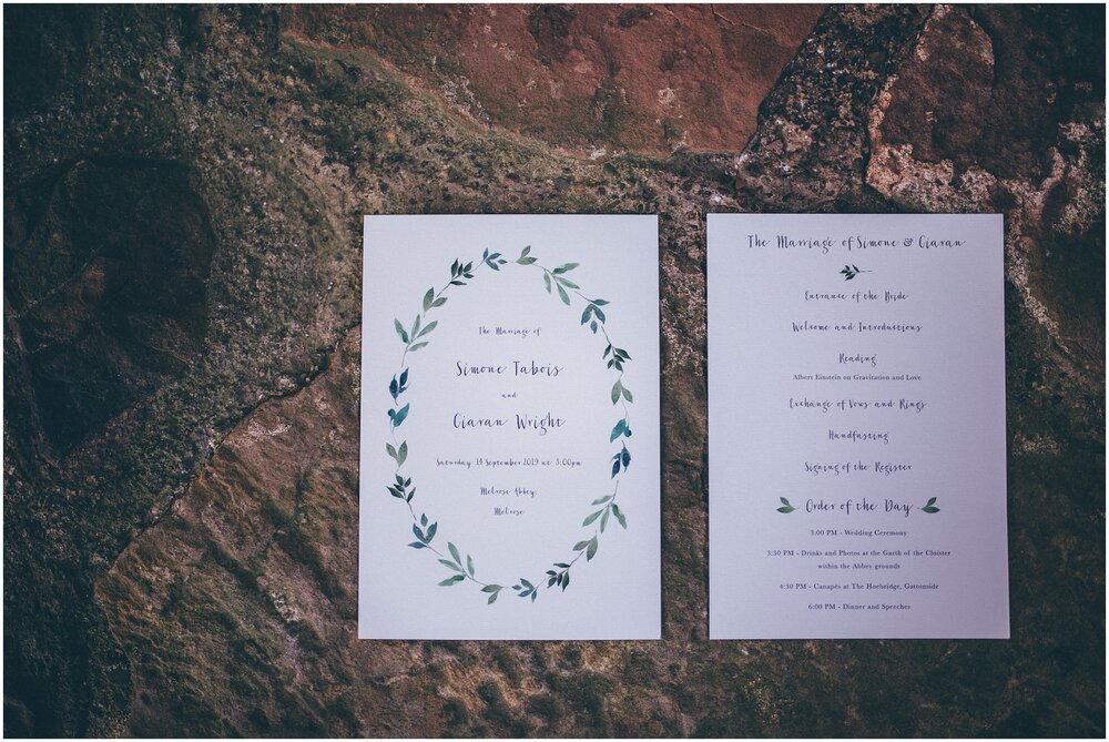 Wedding invitations for Melrose Abbey wedding on Scottish Borders.