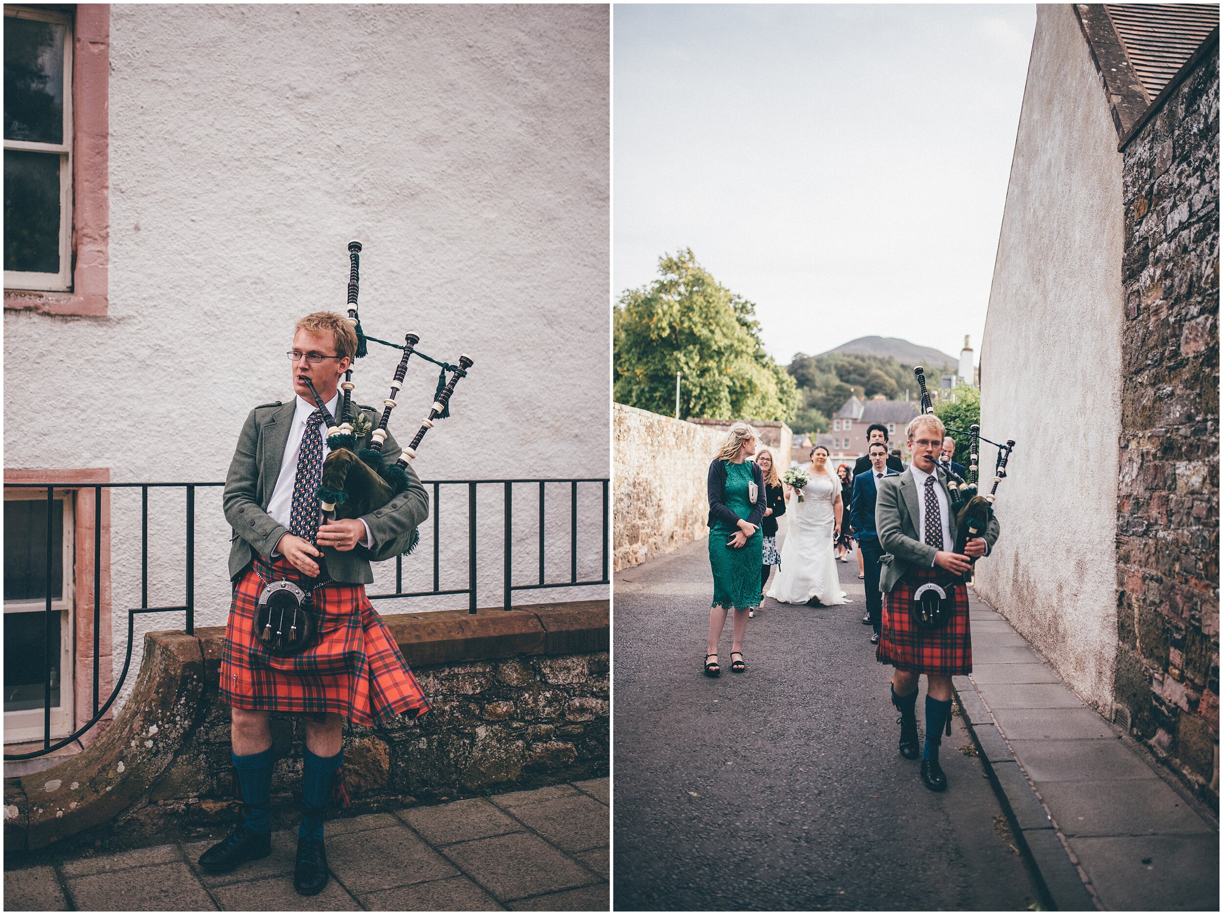 Bagpipe player at a wedding in Melrose Abbey on Scottish Borders.
