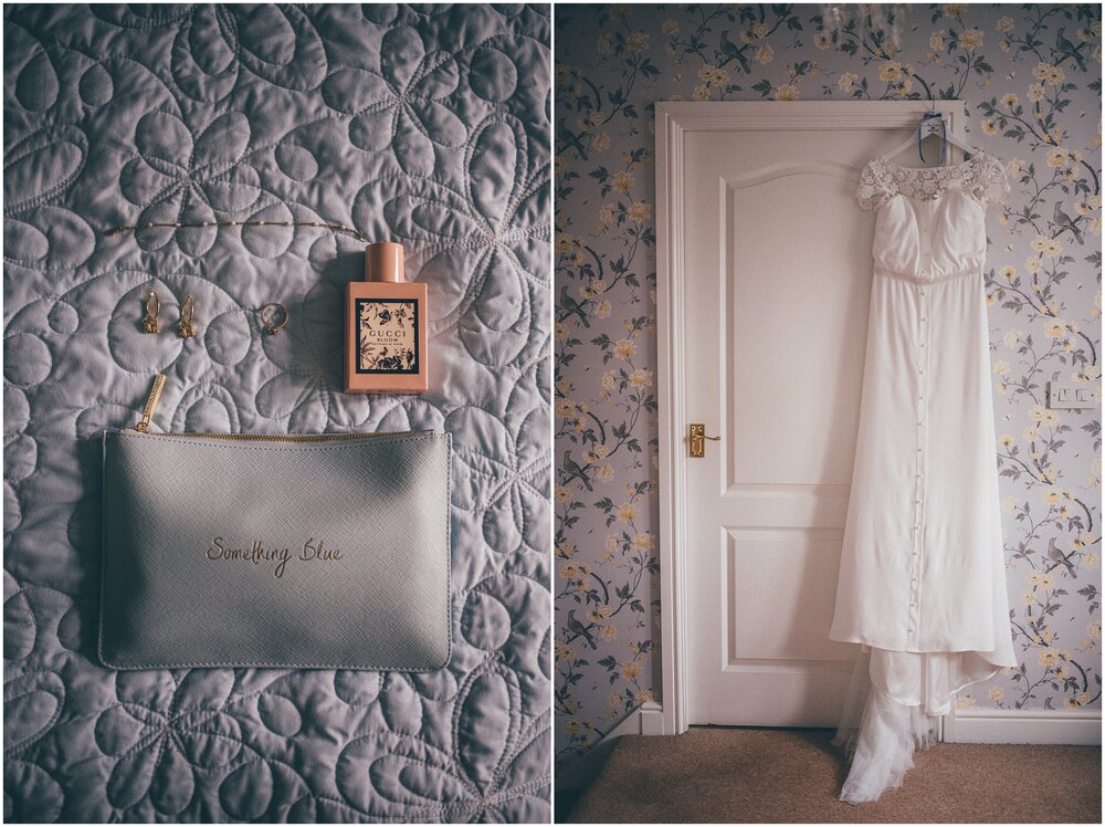 Bride's Gucci perfume and Katie Loxton handbag, Case of The Curious Bride wedding gown.