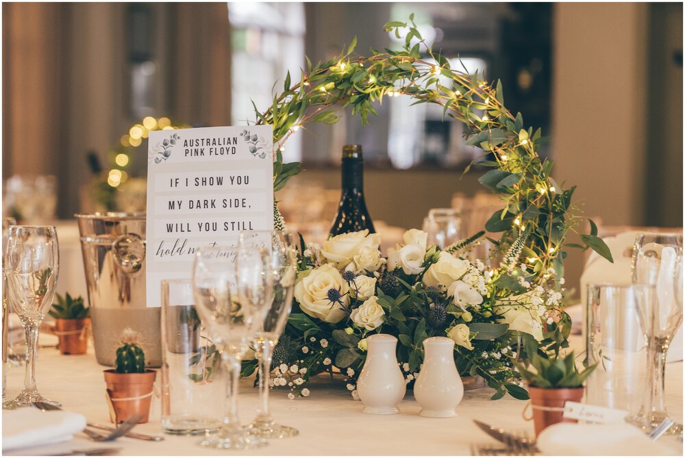 Green table centrepiecesWedding ceremony at Quarry Bank Mill wedding in Cheshire near to Manchester.