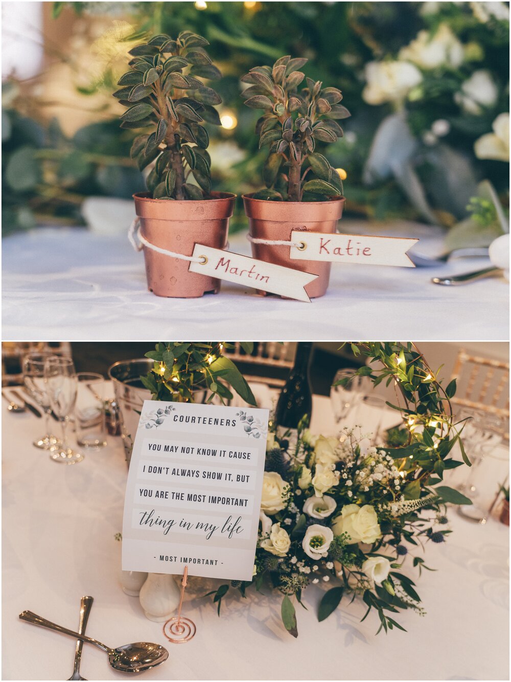 Wedding details for a foliage themed table plan Wedding ceremony at Quarry Bank Mill wedding in Cheshire near to Manchester.