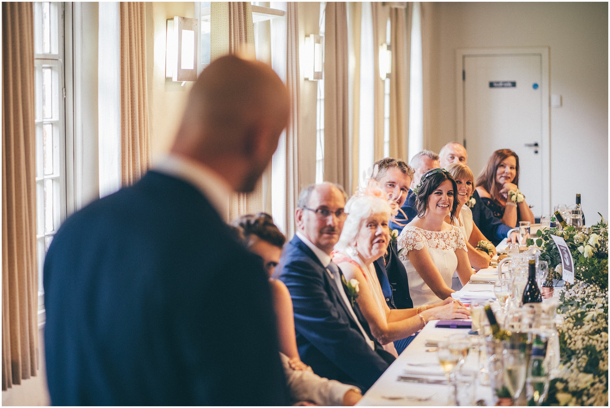 Speech reactions at Quarry Bank Mill wedding in Cheshire near to Manchester.