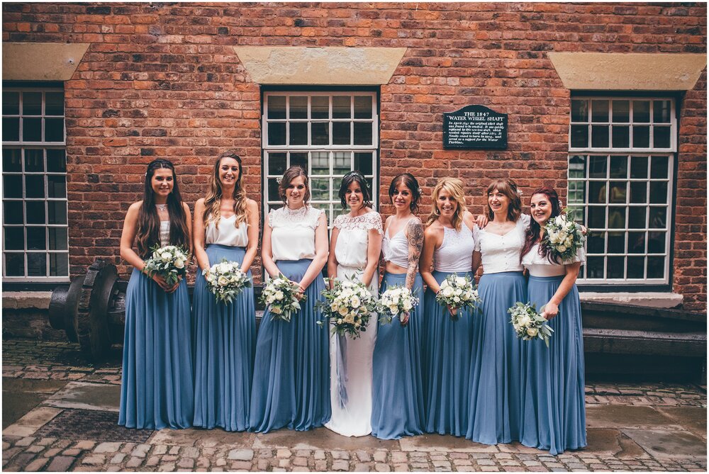 Bride and her bridesmaids at Quarry Bank Mill wedding in Cheshire near to Manchester.