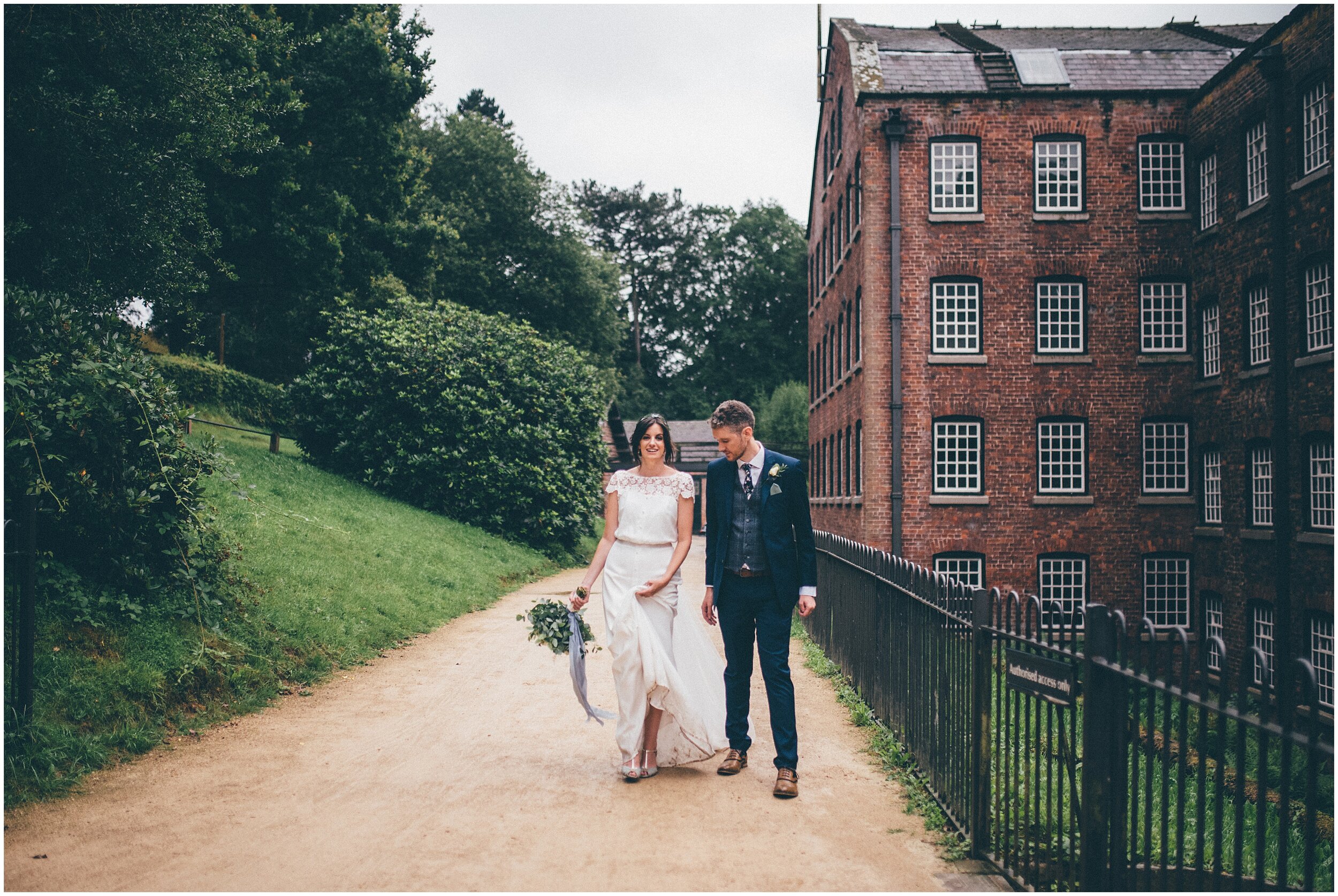 New husband and wife at Quarry Bank Mill wedding in Cheshire near to Manchester.