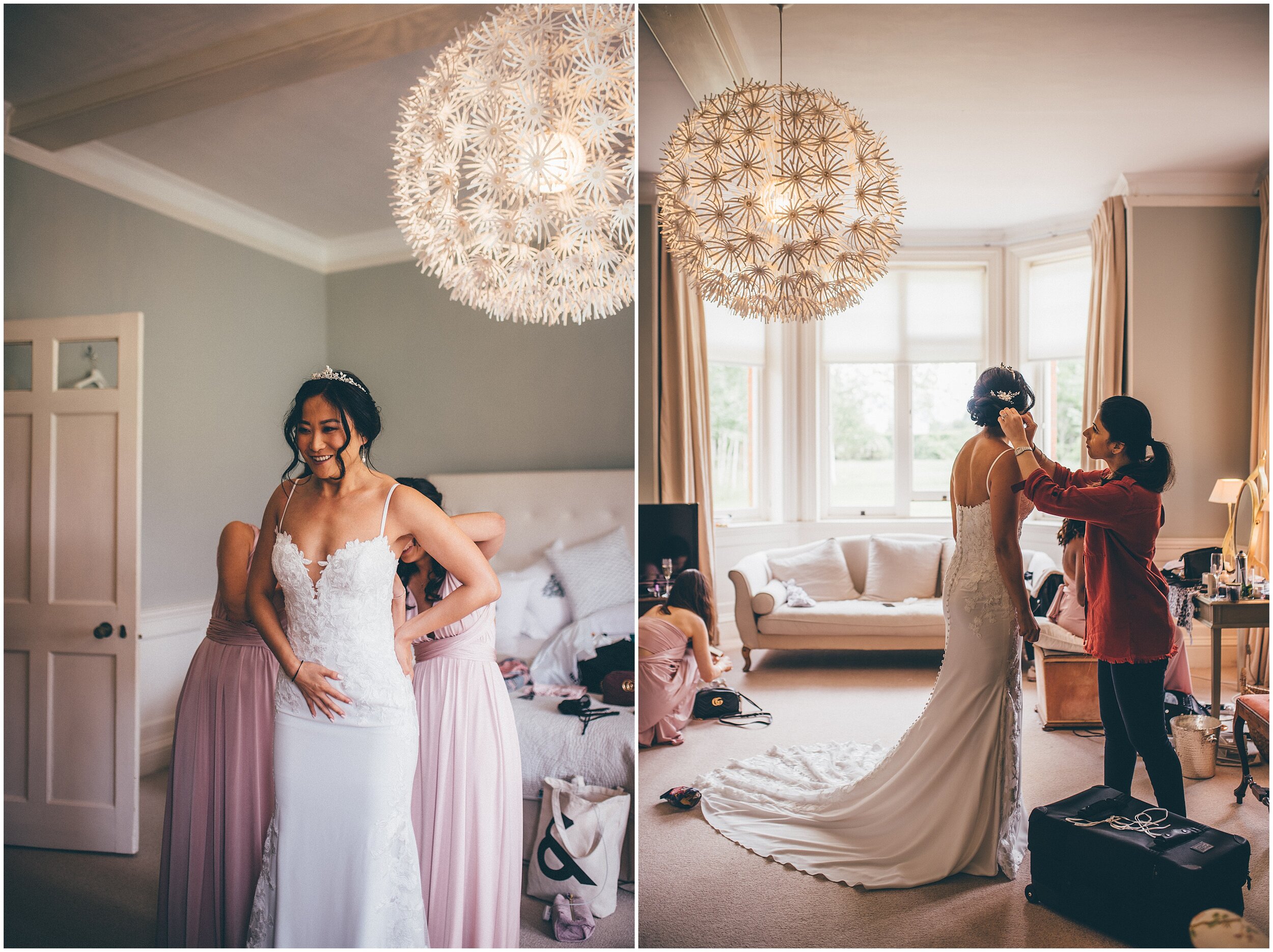 Bride puts on her stunning fitted Pronovias gown.