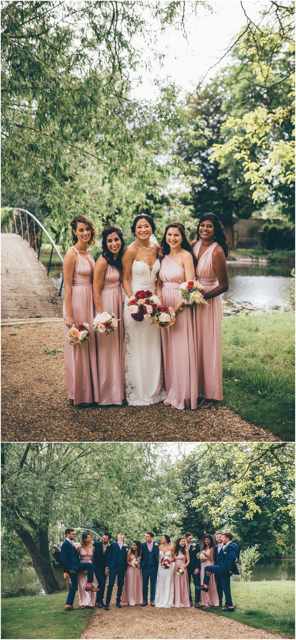 Gorgeous bridesmaids in pale pink multiway dresses. at Chippenham Park Garden.