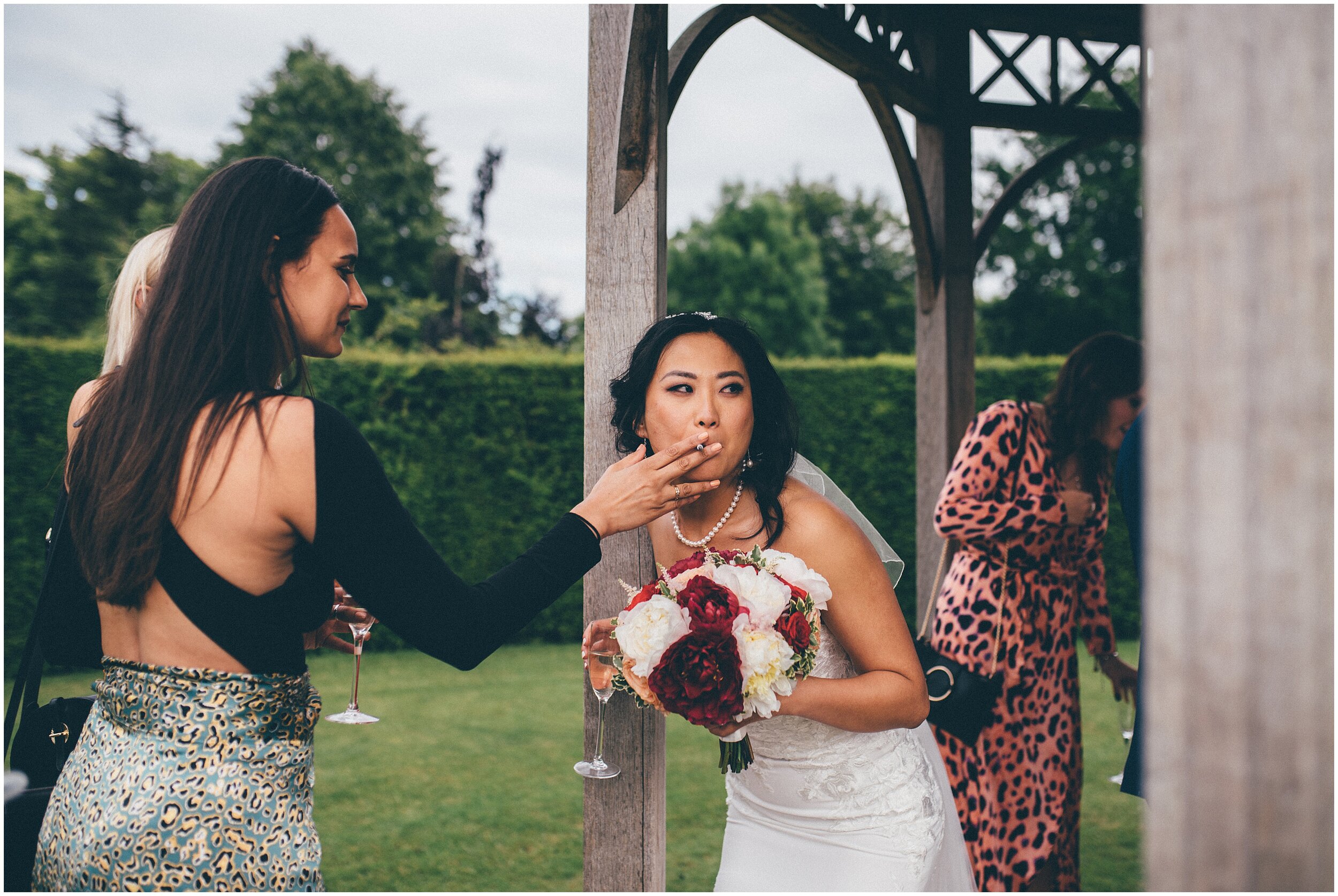 Bride sneaks a cigarette and smokes secretly on her wedding day.