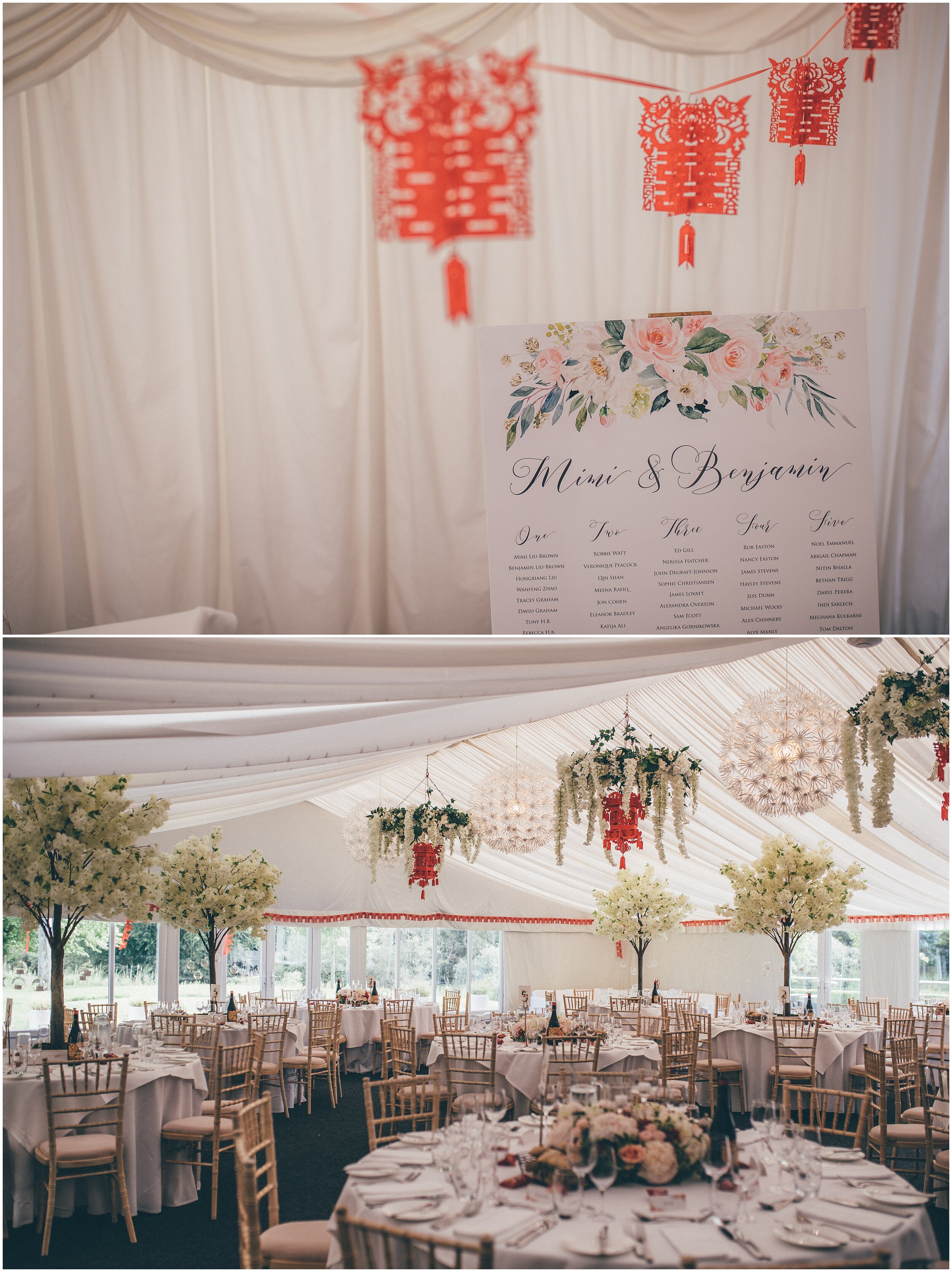 Chinese themed wedding decorations and table settings.
