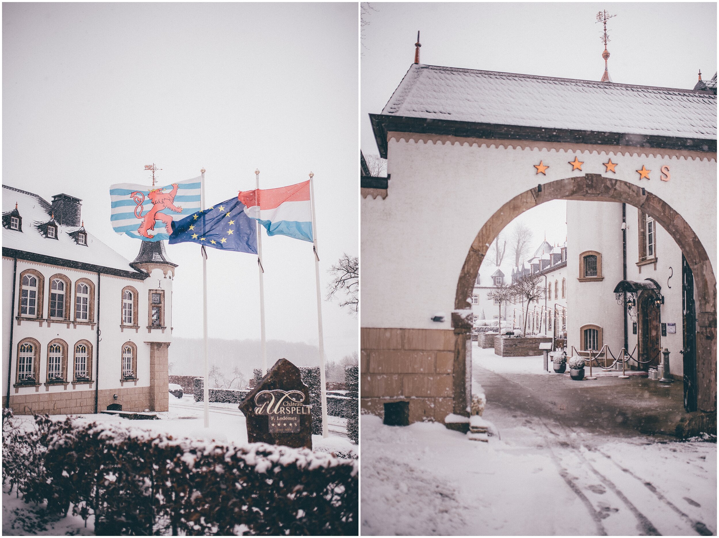 Snow covered Chateau D'Urspelt in Luxembourg at a destination wedding.