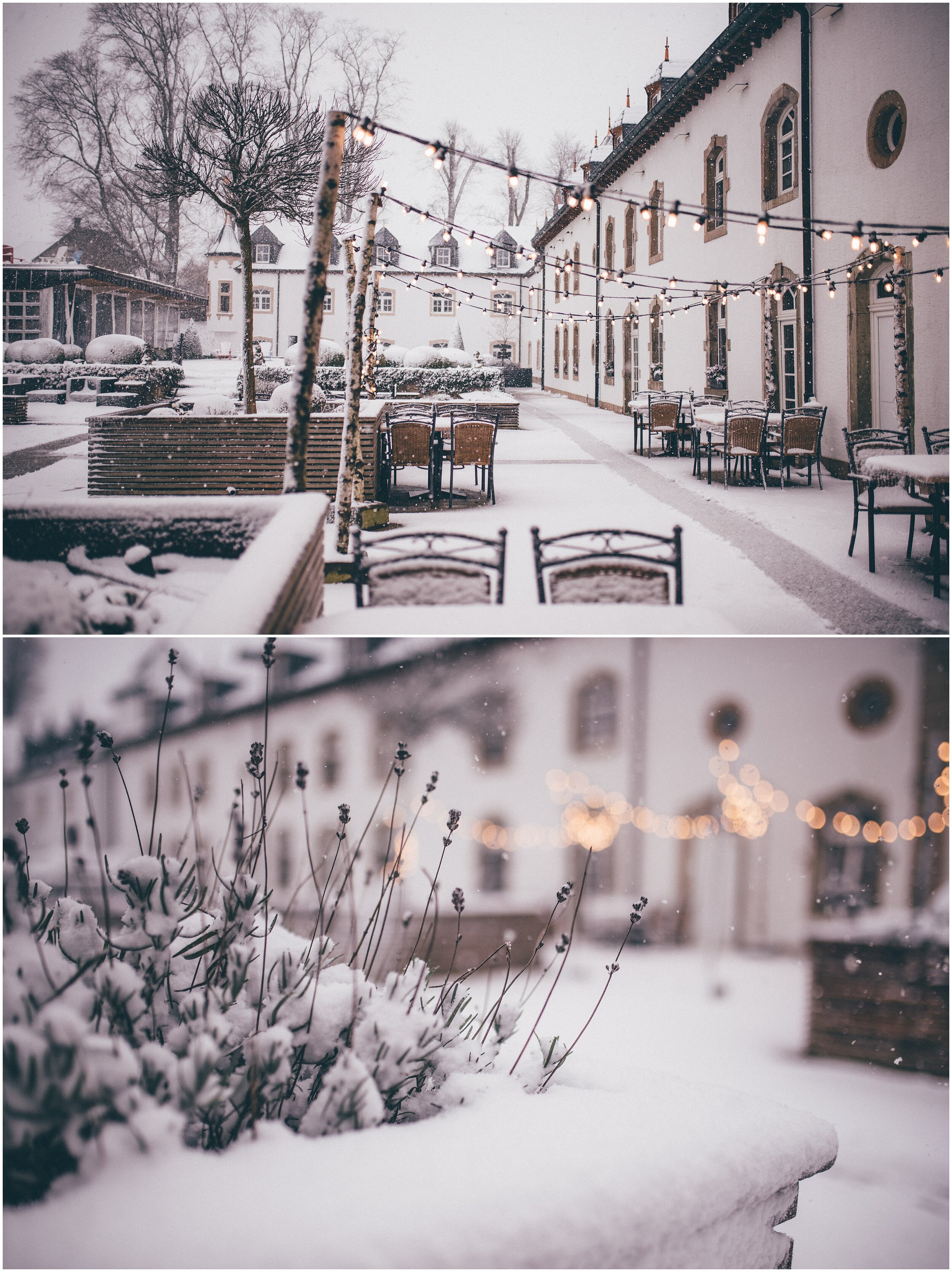 Beautiful snow covered Chateau D'Urspelt at a destination wedding.