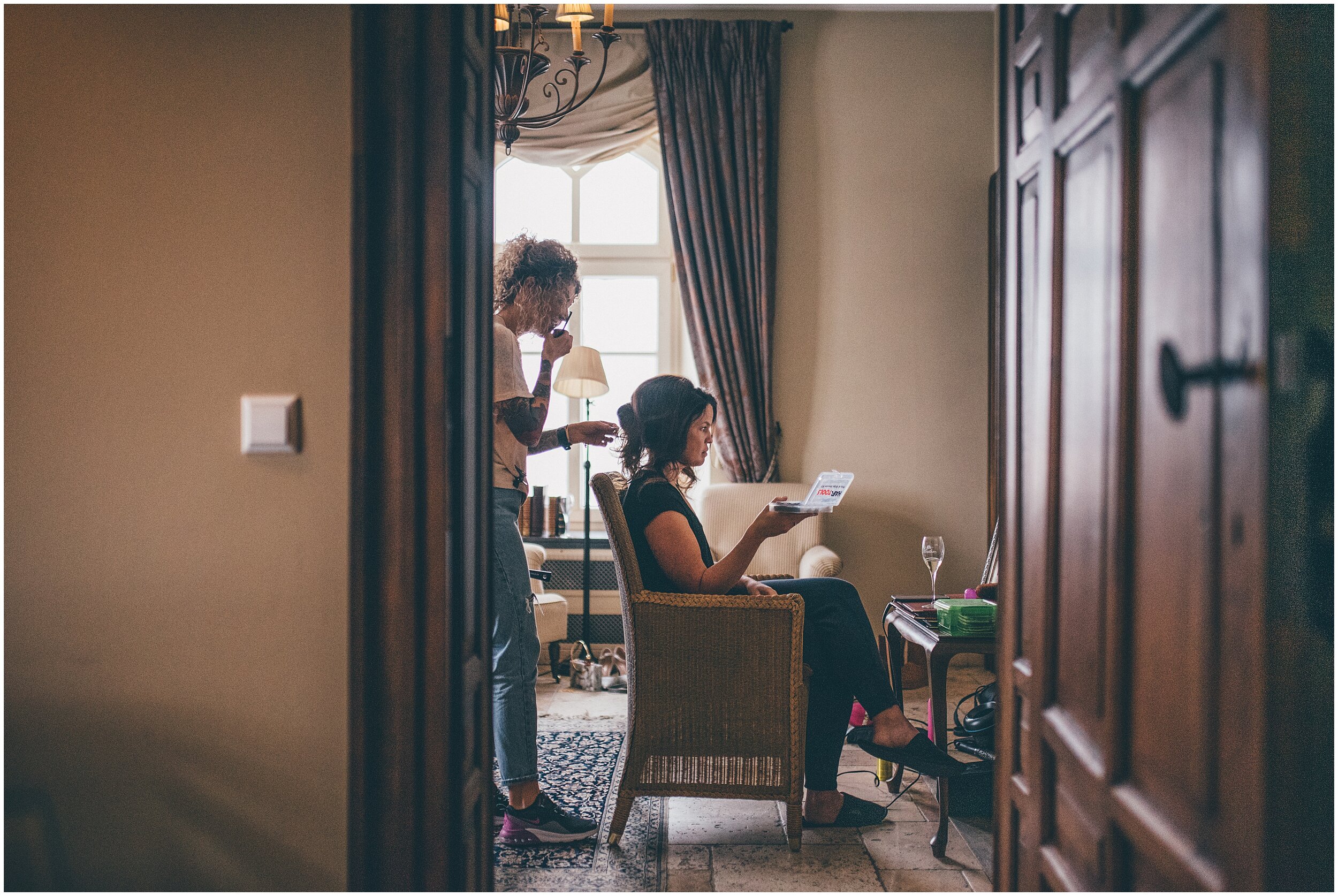 Bride gets her hair done by Cheshire hairdresser.