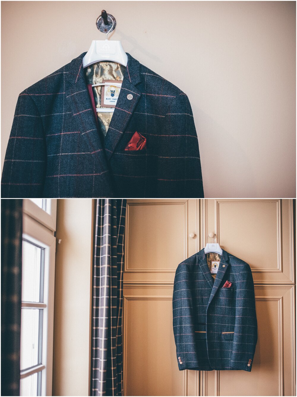 Groom's navy blue, checked Marc Darcy suit 