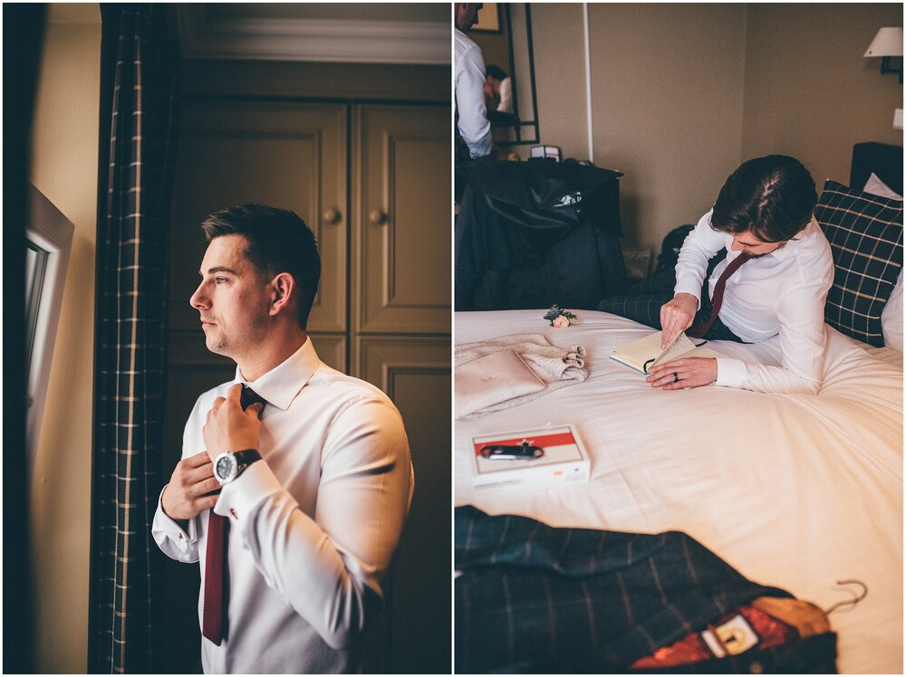 Groom gets ready for his wedding as best man writes his speech.