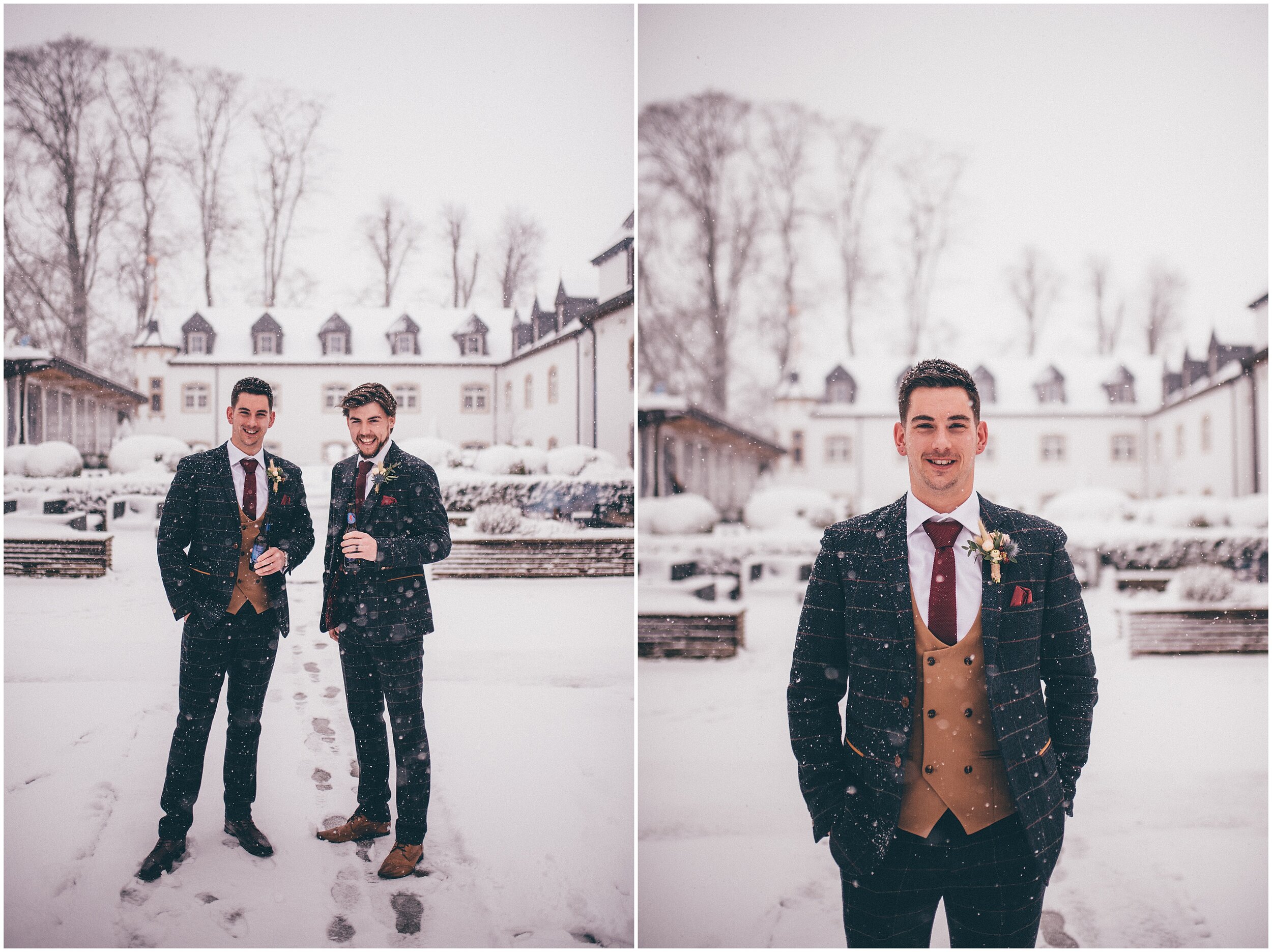 Groom and his Best Man have their photographs take in the snowy castle grounds.